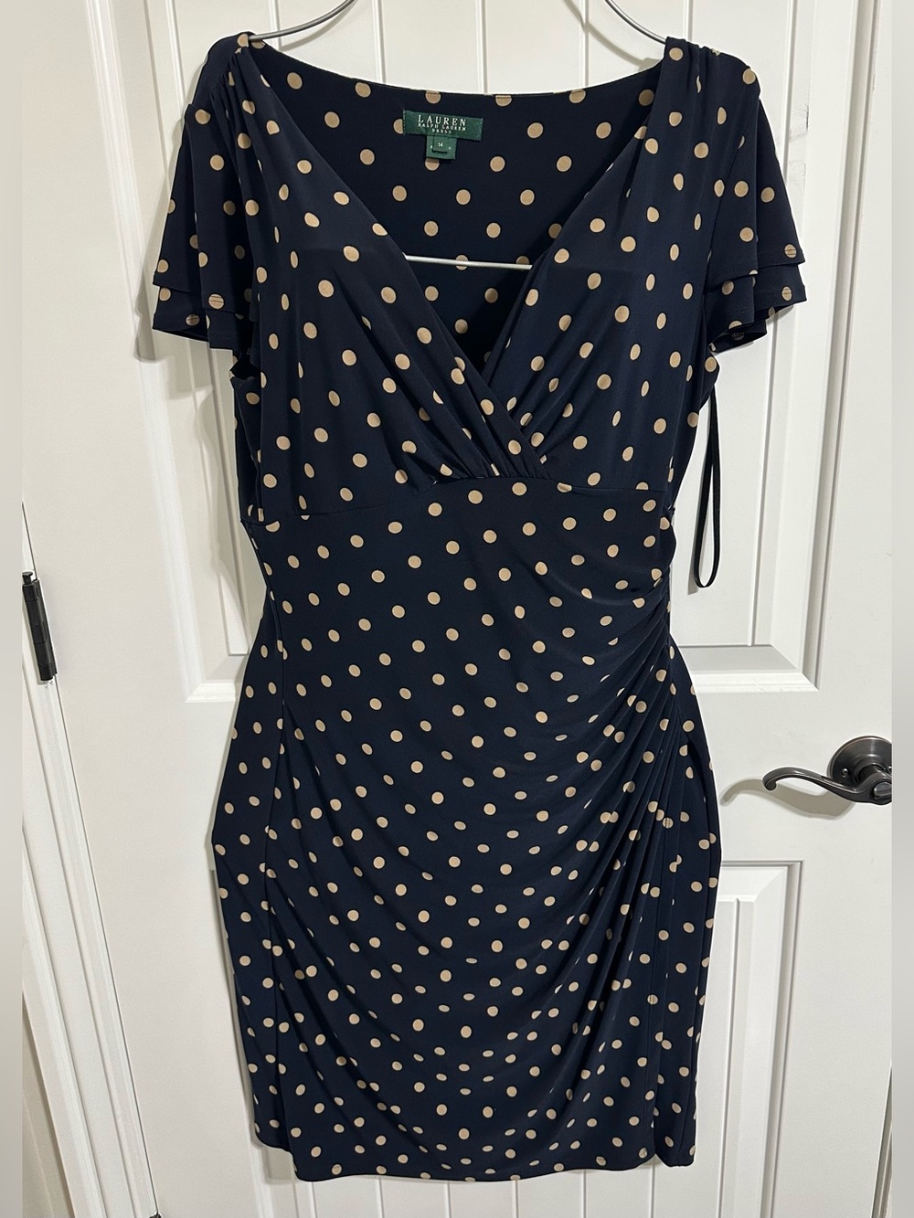 Lauren Ralph Faux Wrap Dress 14 Navy Blue & Tan Polka Dot Short  Flutter Sleeves